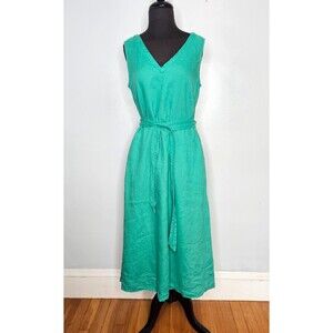 NICOLE MILLER 100% Linen Dress 6 Kelly Green Pockets V Neck Sleeveless Belted
